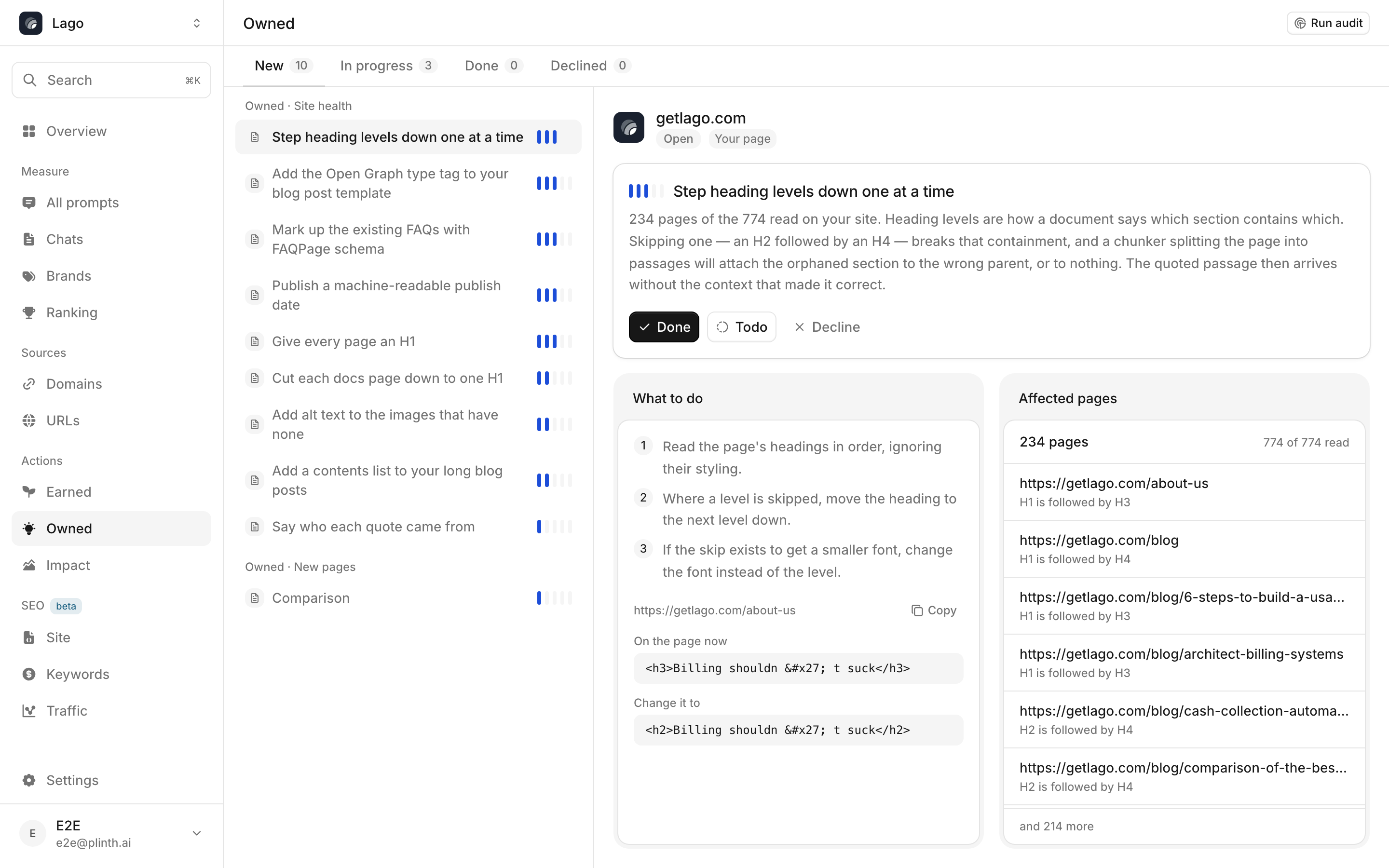 The Owned queue, split into Site health and New pages, with the audit tickets ranked by impact.