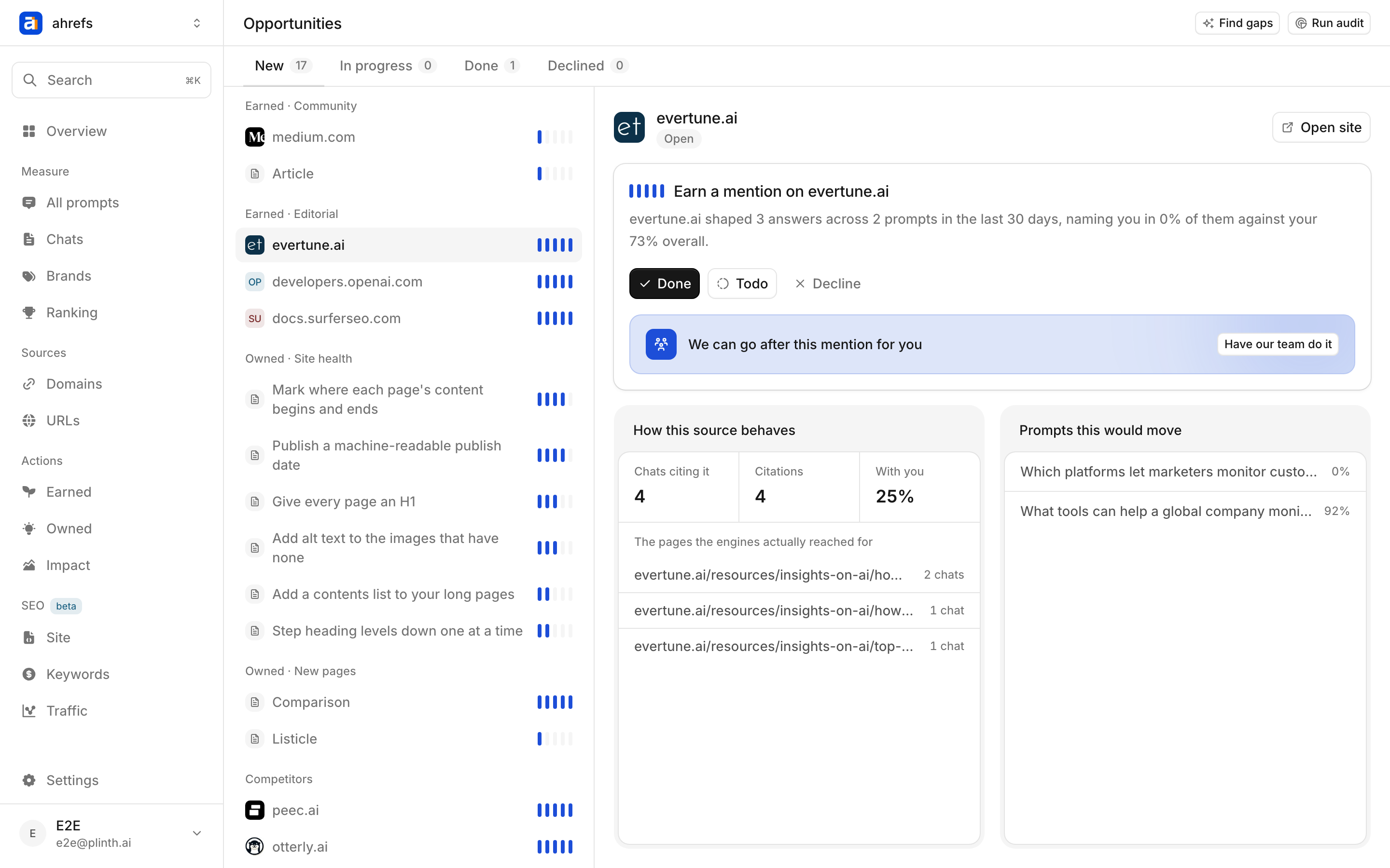 The Actions page: a status bar over a rail of branches, with one ticket open beside its evidence.